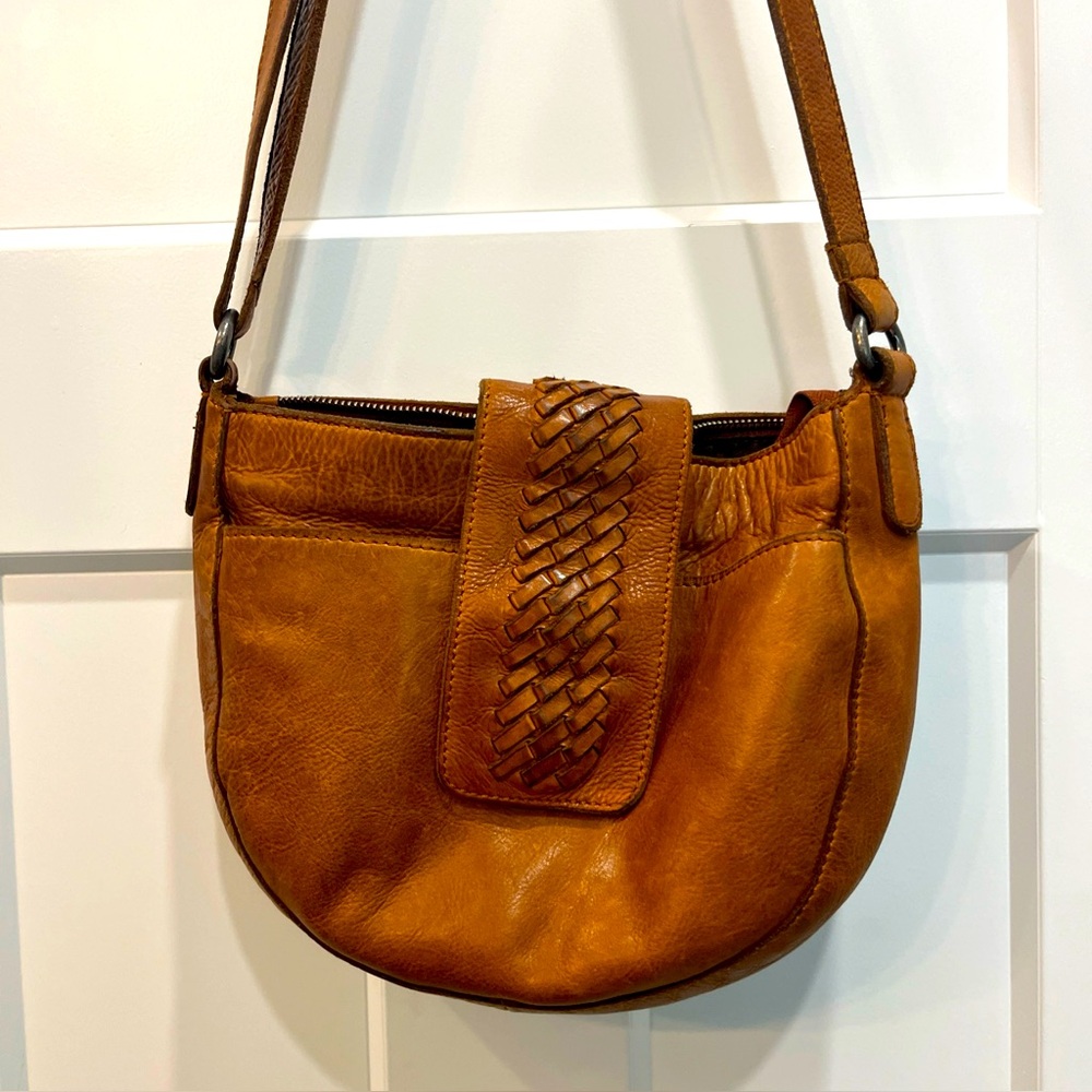 Vilenca Holland Half Moon Woven‎ Tab Brown Cognac Leather Crossbody Bag Purse